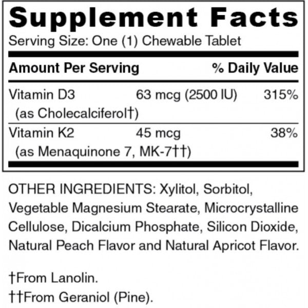 Vitamin D3 w Vitamin K2 (90 Vegetarian Chewable Tablets)